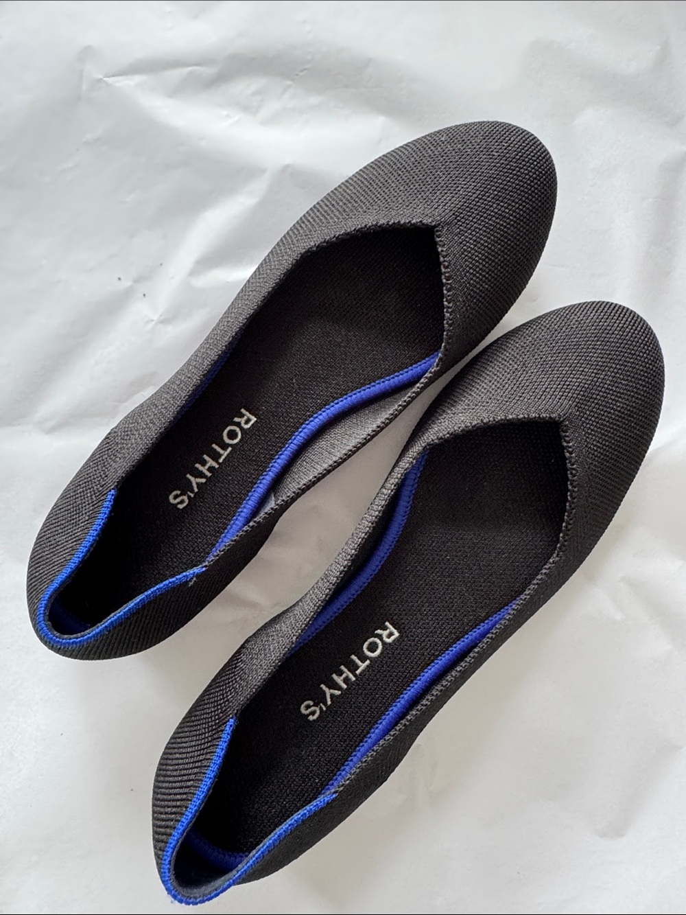 Rothy's Black Knit Slip-On Flats with Blue Trim